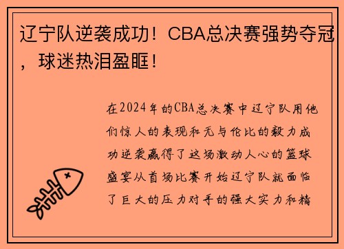 辽宁队逆袭成功！CBA总决赛强势夺冠，球迷热泪盈眶！